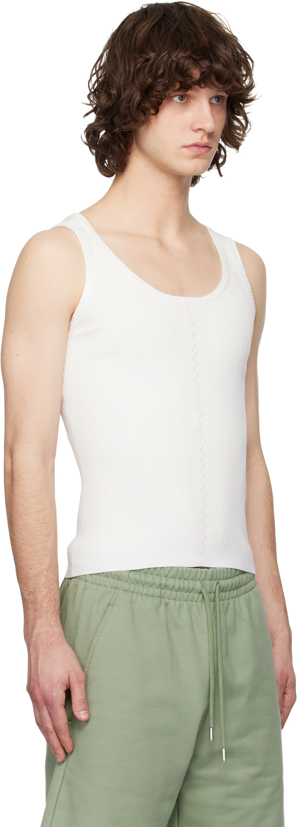 DRIES VAN NOTEN フリルタンクトップ S Dries Van Noten: White Rib Knit Tank Top | SSENSE