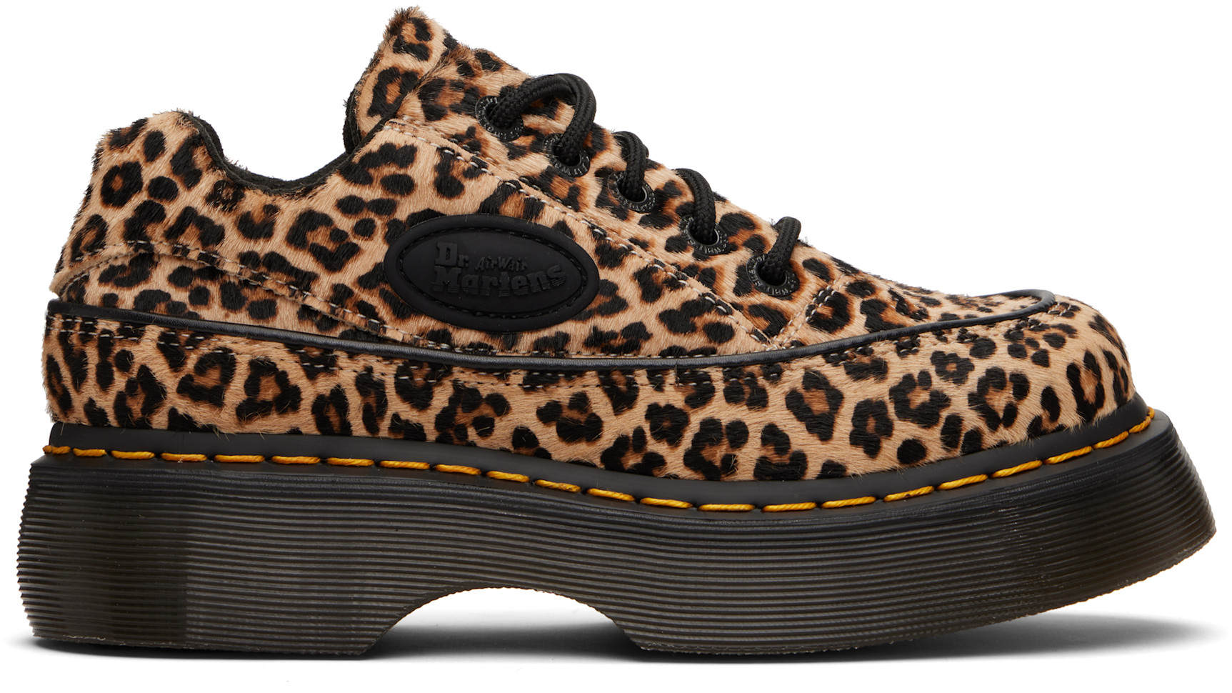 Dr. Martens: Tan Buzz 5-Eye Leopard Derbys | SSENSE