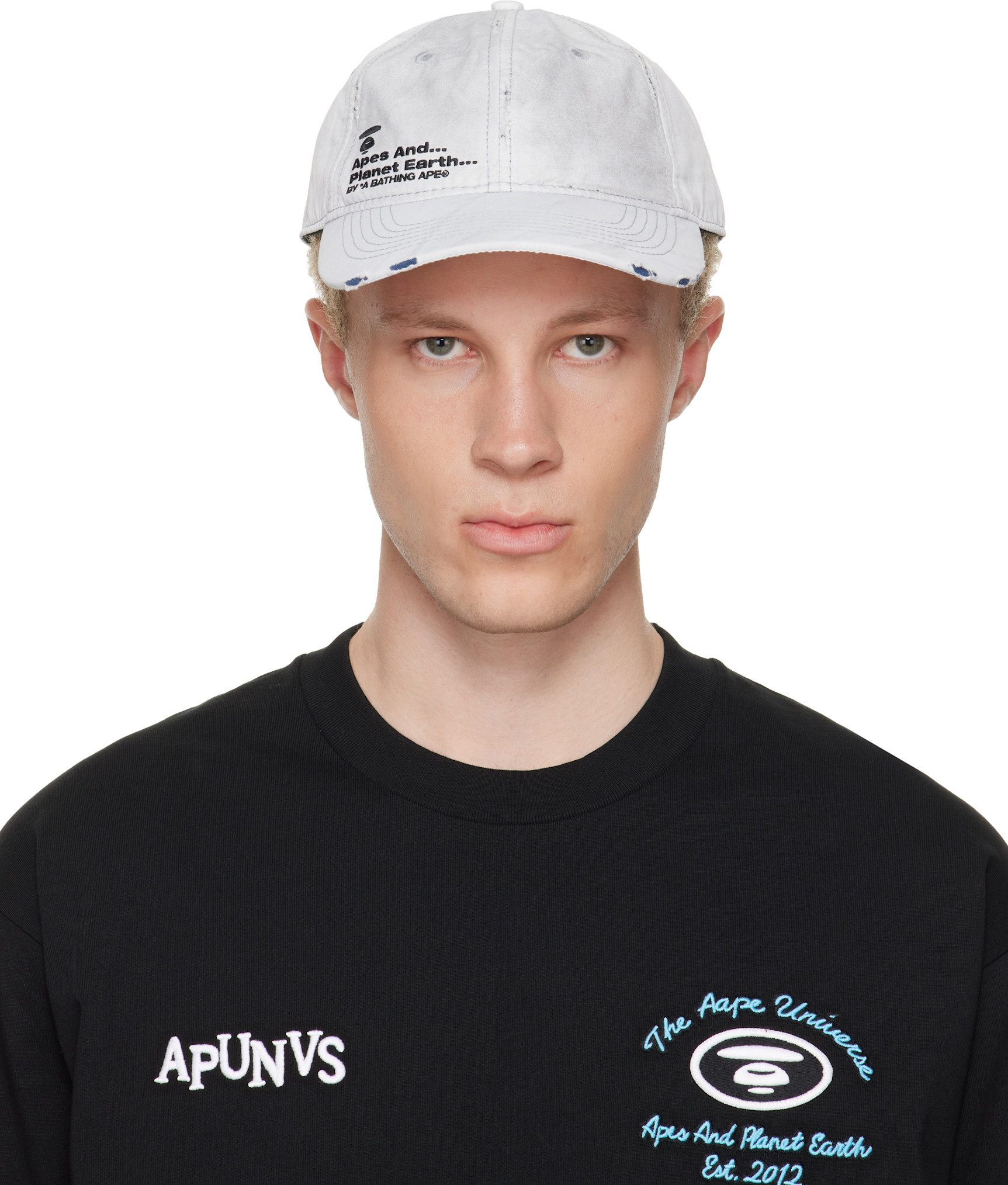 AAPE by A Bathing Ape: Off-White Distressed Logo Cap | SSENSE