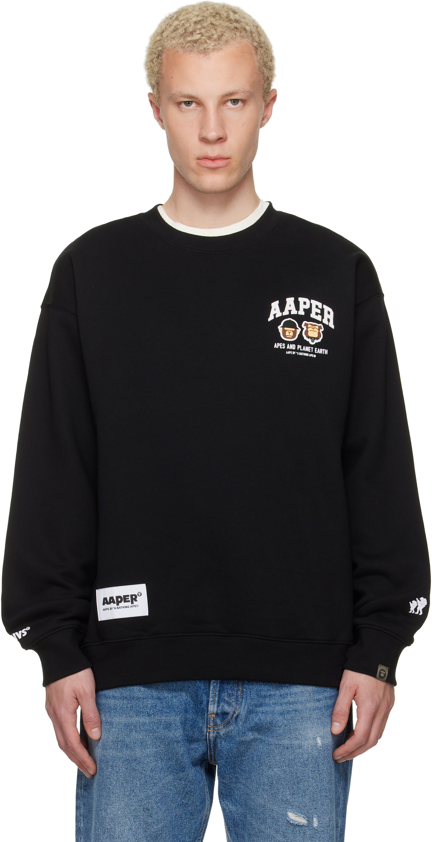 AAPE by A Bathing Ape: Black 'AAPER' Crew Neck Sweatshirt | SSENSE