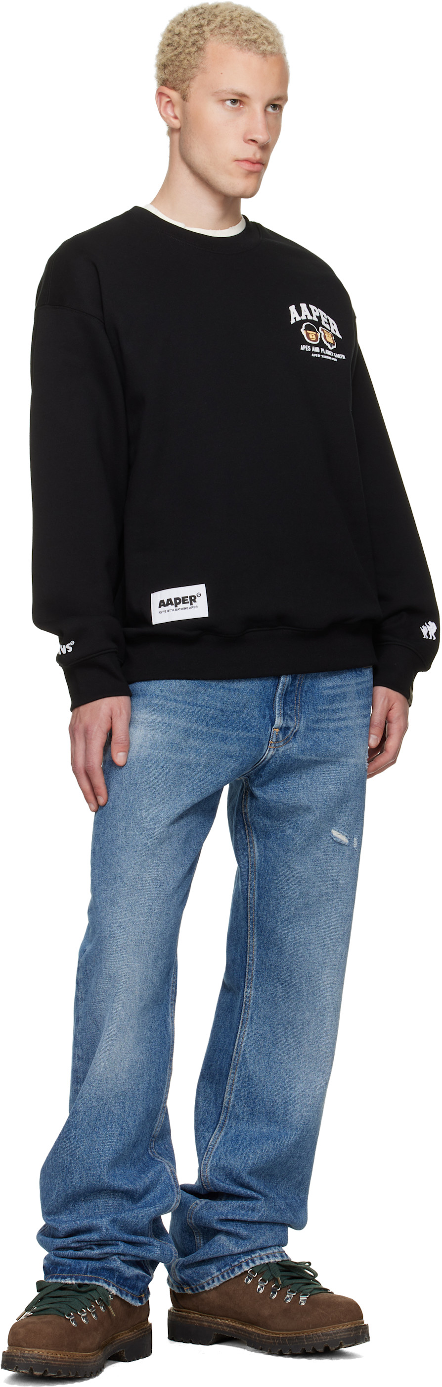 AAPE by A Bathing Ape: Black 'AAPER' Crew Neck Sweatshirt | SSENSE