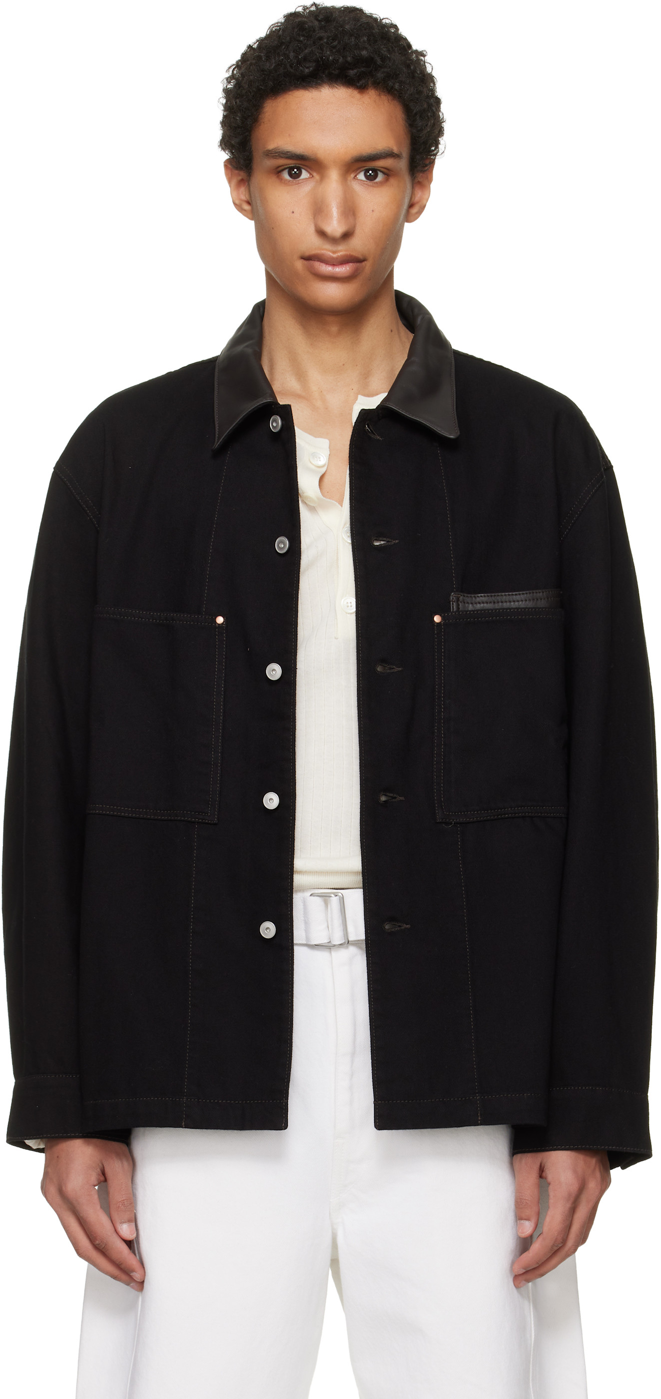 LEMAIRE: Black Workwear Leather Collar Denim Overshirt | SSENSE