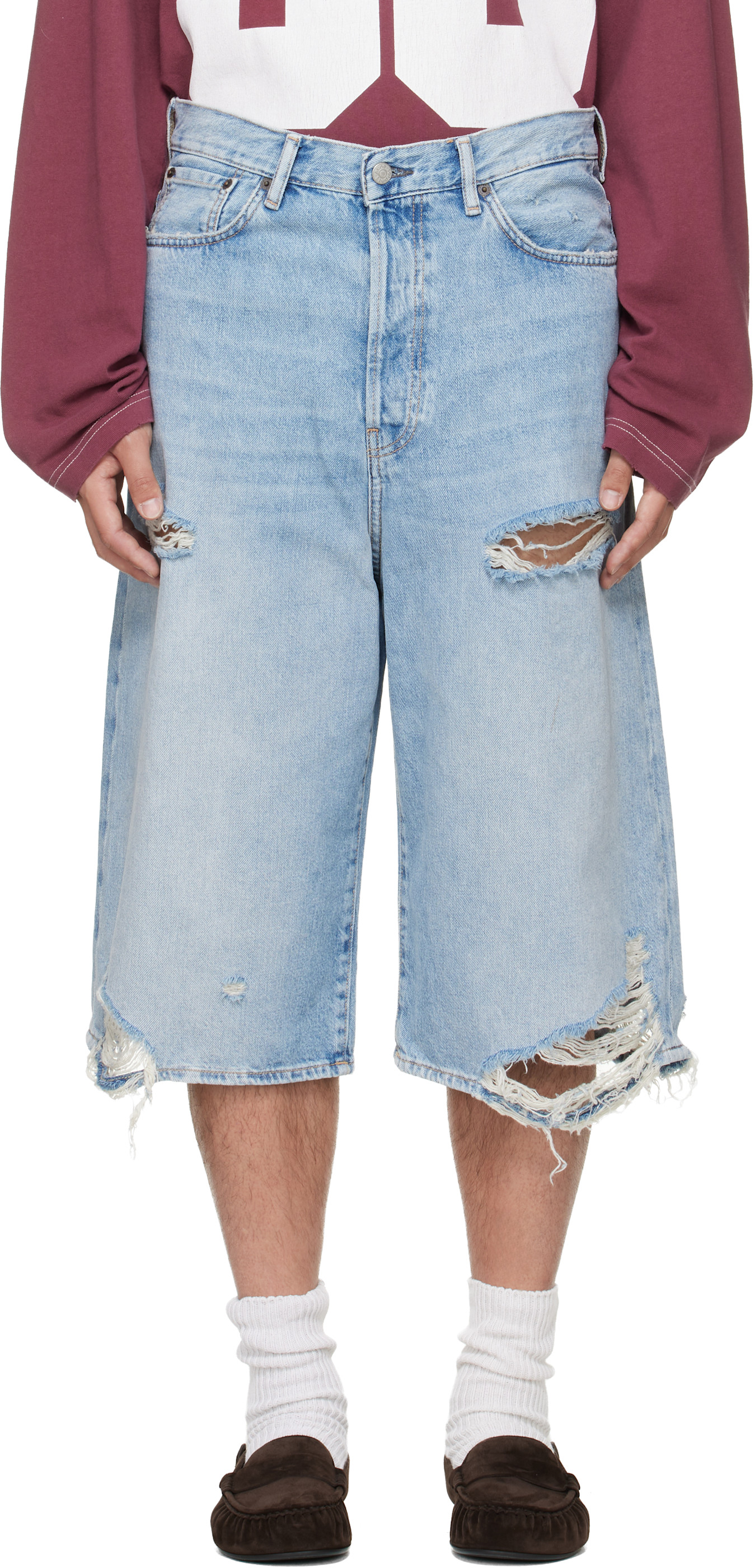 Acne Studios: Blue Distressed Denim Shorts | SSENSE Japan