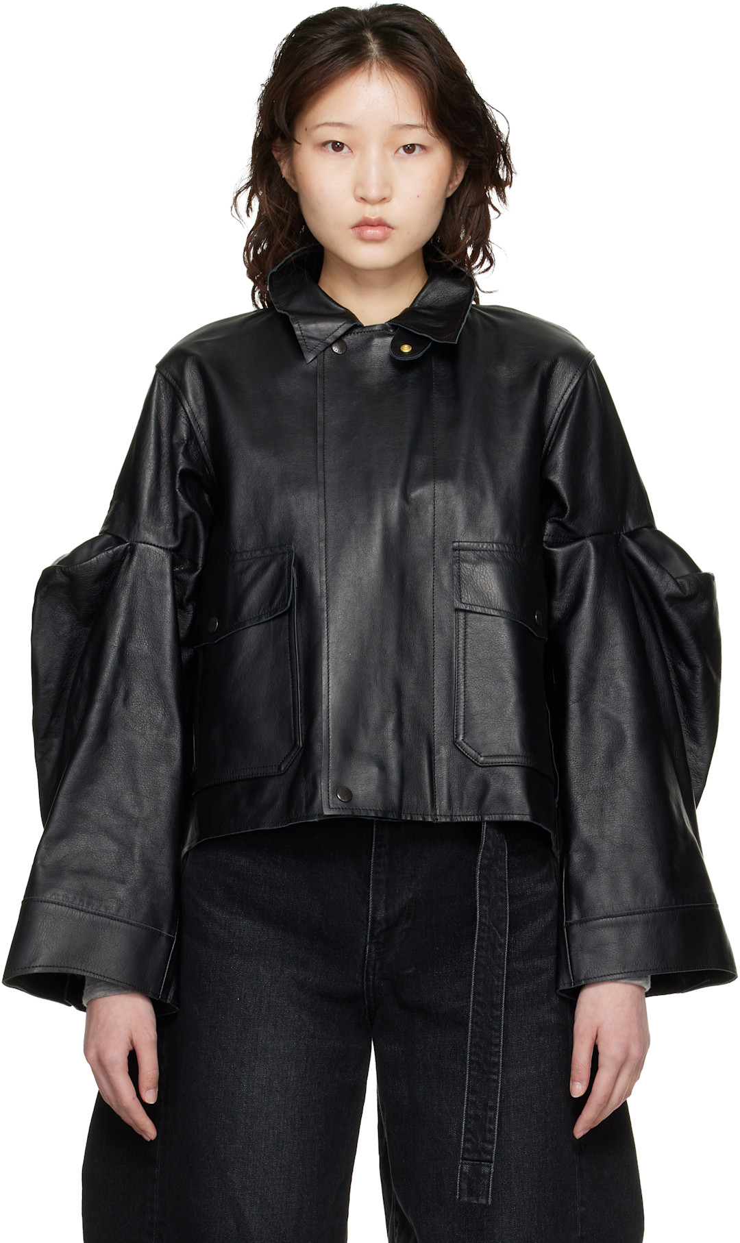 sacai ブラック レザー ブルゾンジャケット