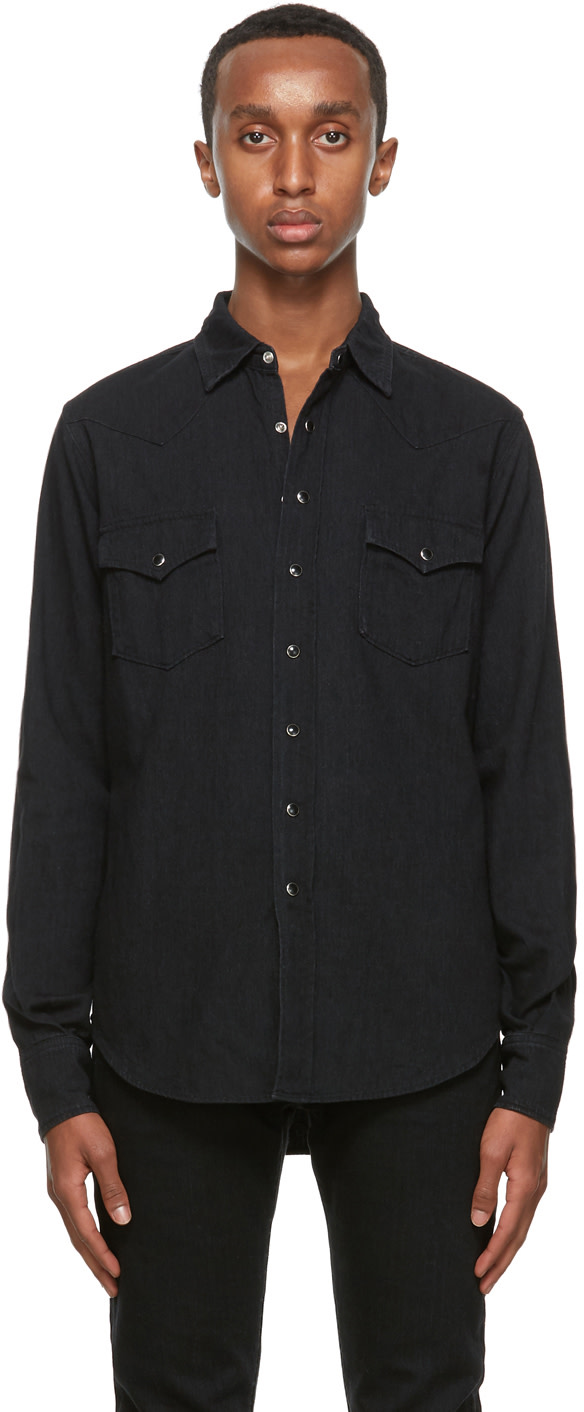 トップス saint laulent 16ss Black Western denim Saint Laurent: Black Denim Classic Western Shirt | SSENSE