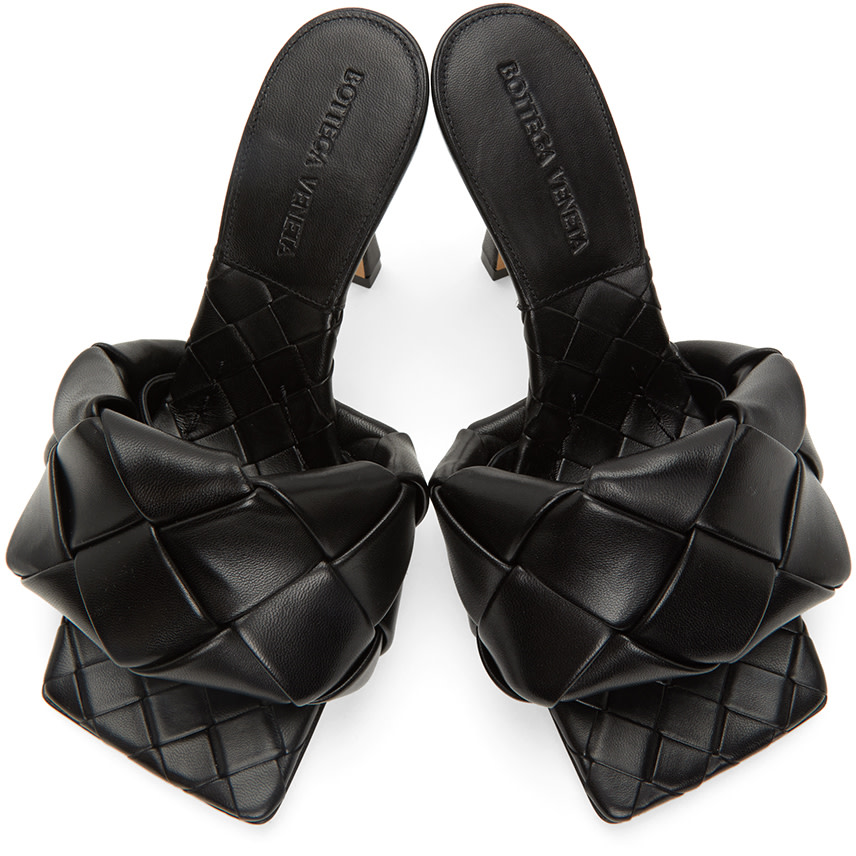 【現行品】BOTTEGAVENETA ボッテガヴェネタ LIDO リド ヒール Bottega Veneta: Black Intrecciato Lido Heeled Sandals | SSENSE