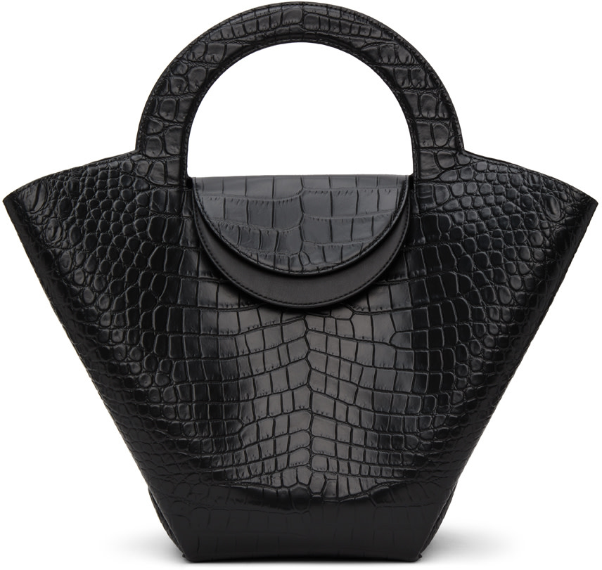 Bottega Veneta: Black Croc Top Handle Tote | SSENSE
