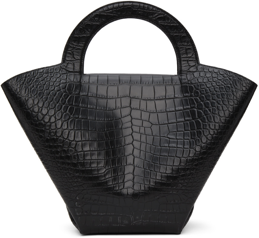 Bottega Veneta: Black Croc Top Handle Tote | SSENSE