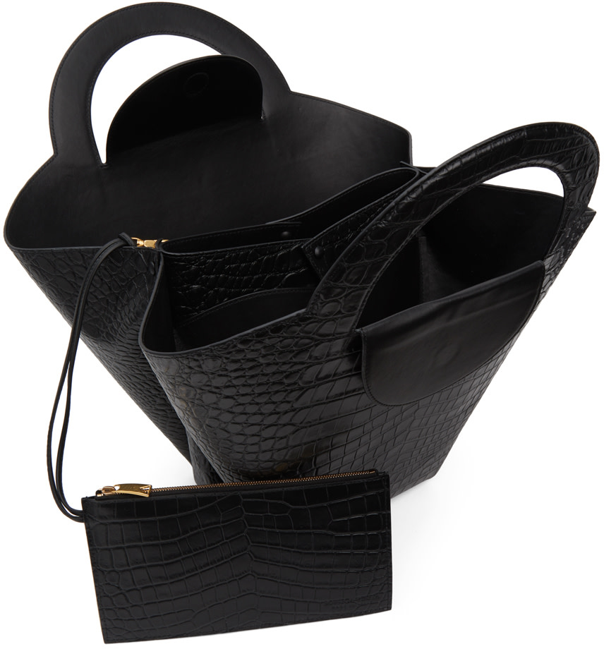 Bottega Veneta: ブラック クロコ トップ ハンドル トート | SSENSE 日本