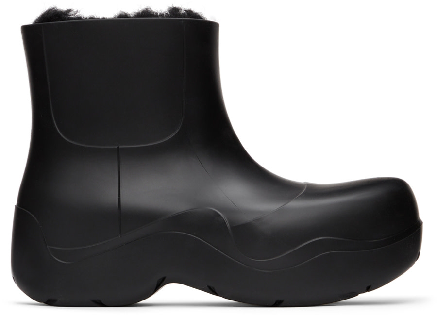 Bottega Veneta: Black Shearling Puddle Boots | SSENSE