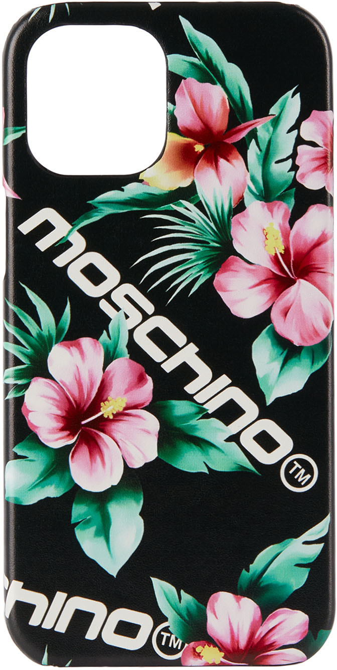 Moschino - 블랙 플라워 로고 아이폰 12 프로 맥스 케이스