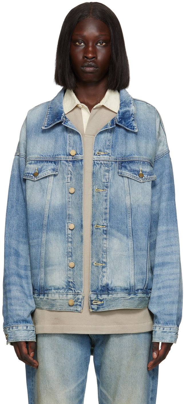 Fear of God ESSENTIALS: Blue Trucker Denim Jacket | SSENSE Fear of God ESSENTIALS: Blue Trucker Denim Jacket | SSENSE