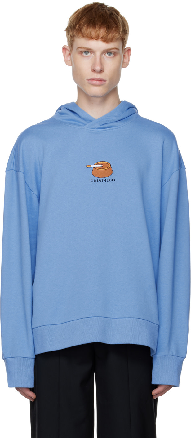 CALVINLUO - Pull à capuche bleu à broderie