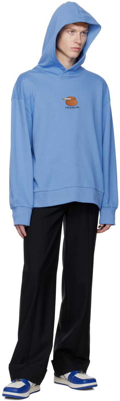 CALVINLUO - Pull à capuche bleu à broderie