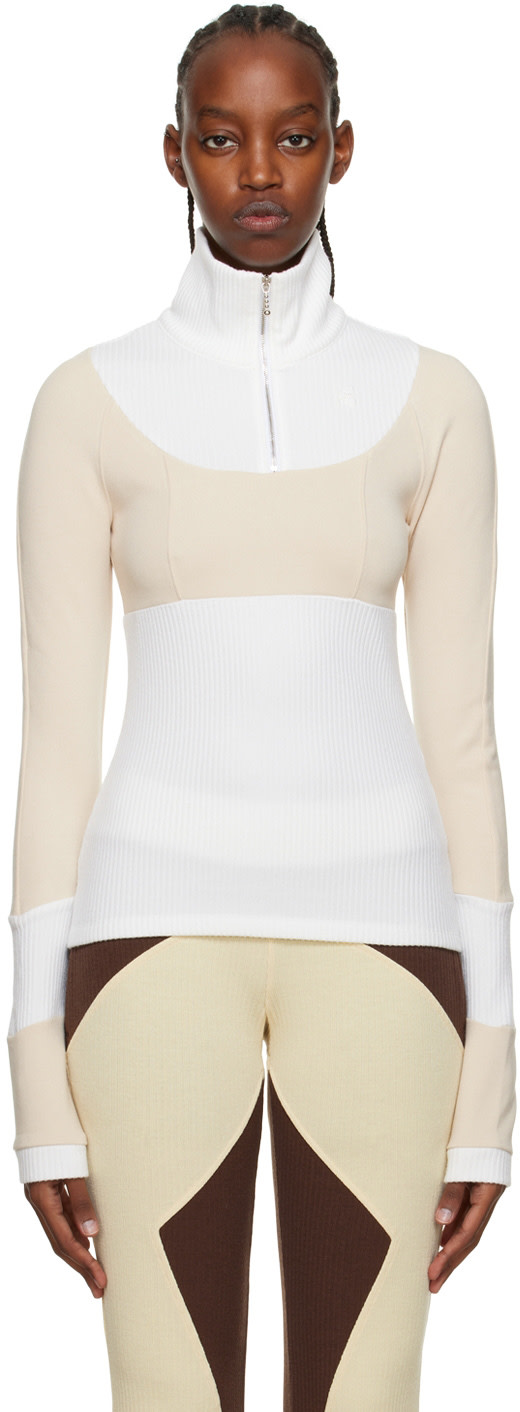Kijun - Pull blanc et beige à demi-glissière