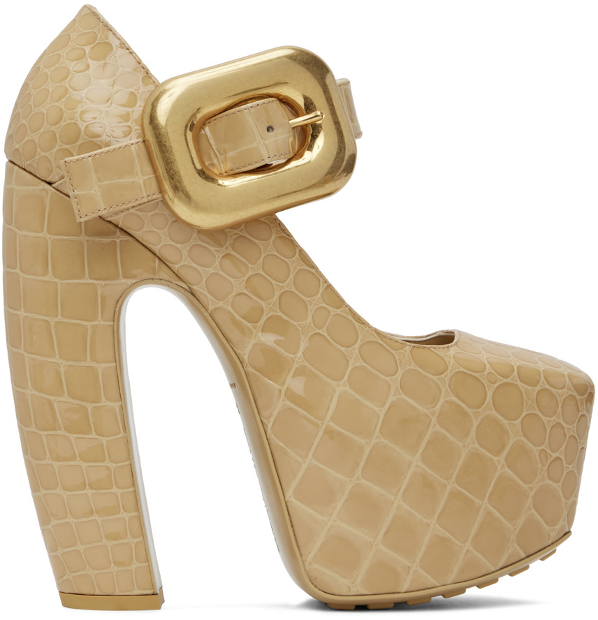 BOTTEGA VENETA ベージュ ポインテッドトゥパンプス Bottega Veneta: Beige Mostra Mary-Jane Pump Heels | SSENSE