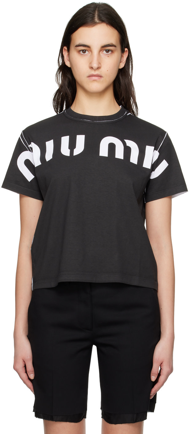 Miu Miu: Black Printed T-Shirt | SSENSE Canada