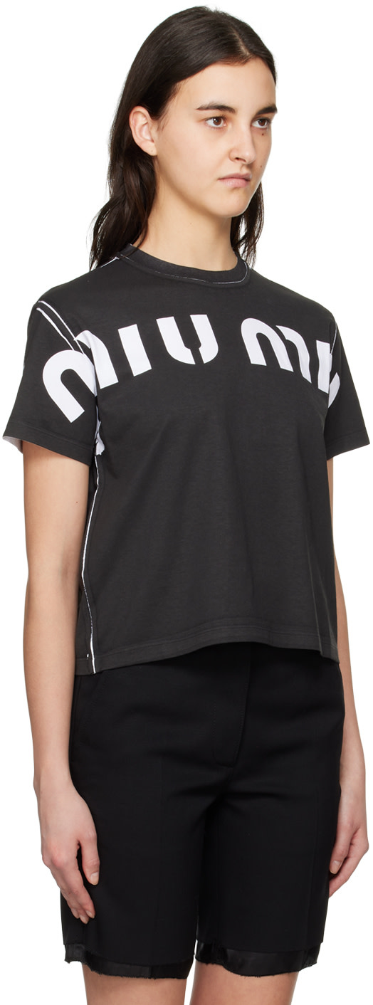 Miu Miu: Black Printed T-Shirt | SSENSE Canada