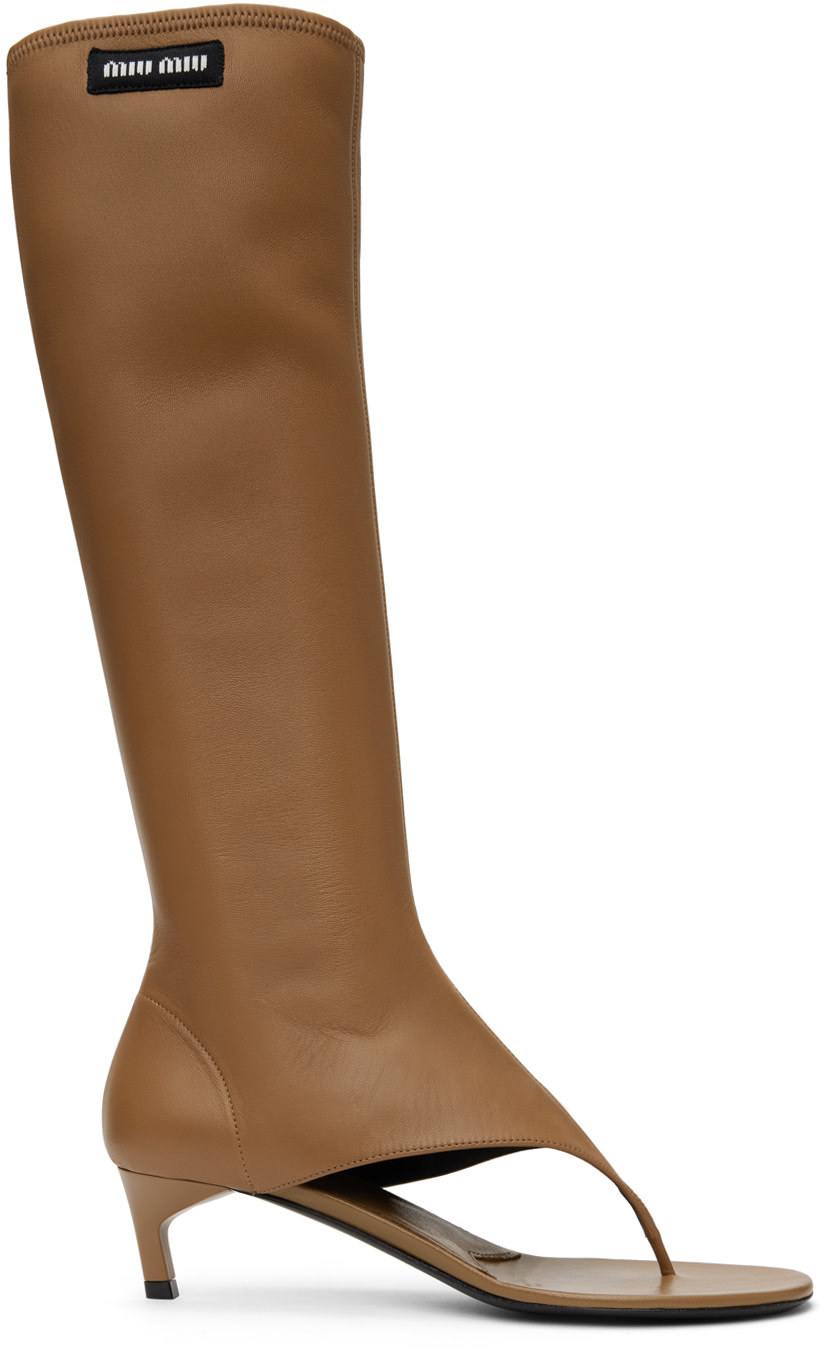 Miu Miu: Brown Thong Tall Boots | SSENSE Canada