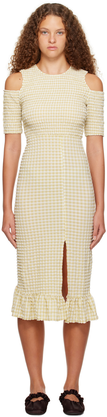 GANNI - Robe midi beige à smocks