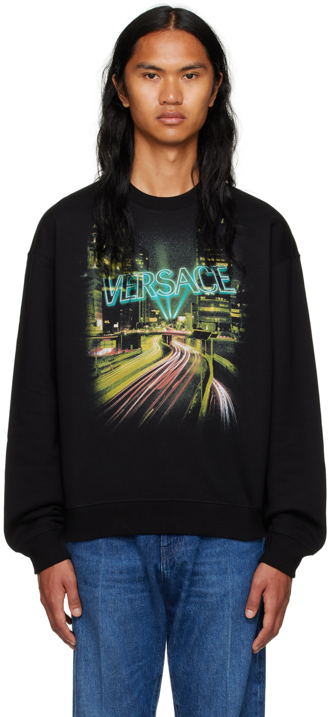 Versace - Pull molletonné noir à logo et image imprimés