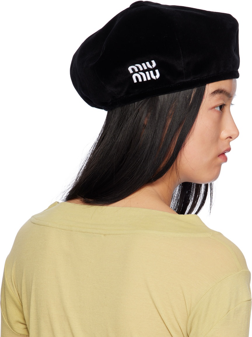 Miu Miu: Black Embroidered Beret | SSENSE Canada