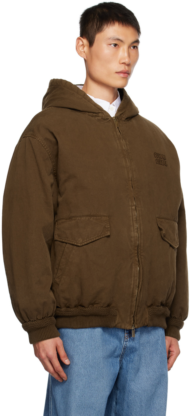 Miu Miu: Brown Hooded Down Jacket | SSENSE Canada