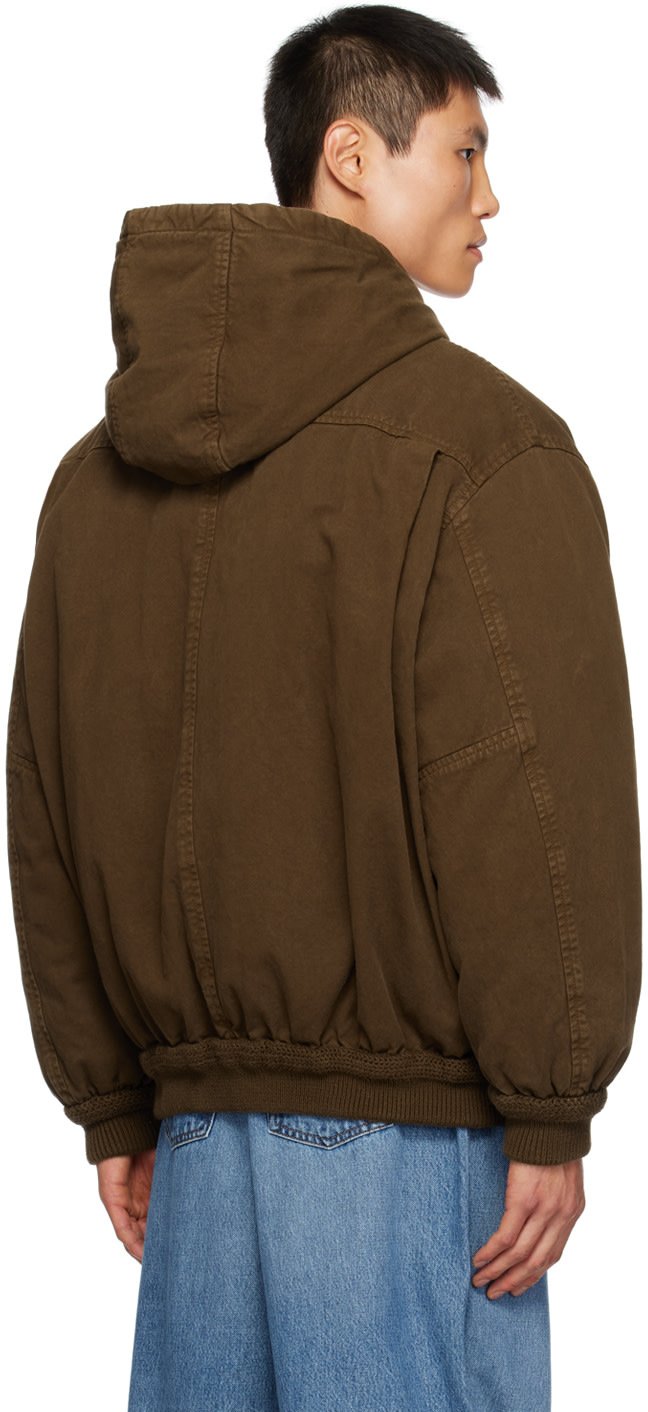 Miu Miu: Brown Hooded Down Jacket | SSENSE Canada