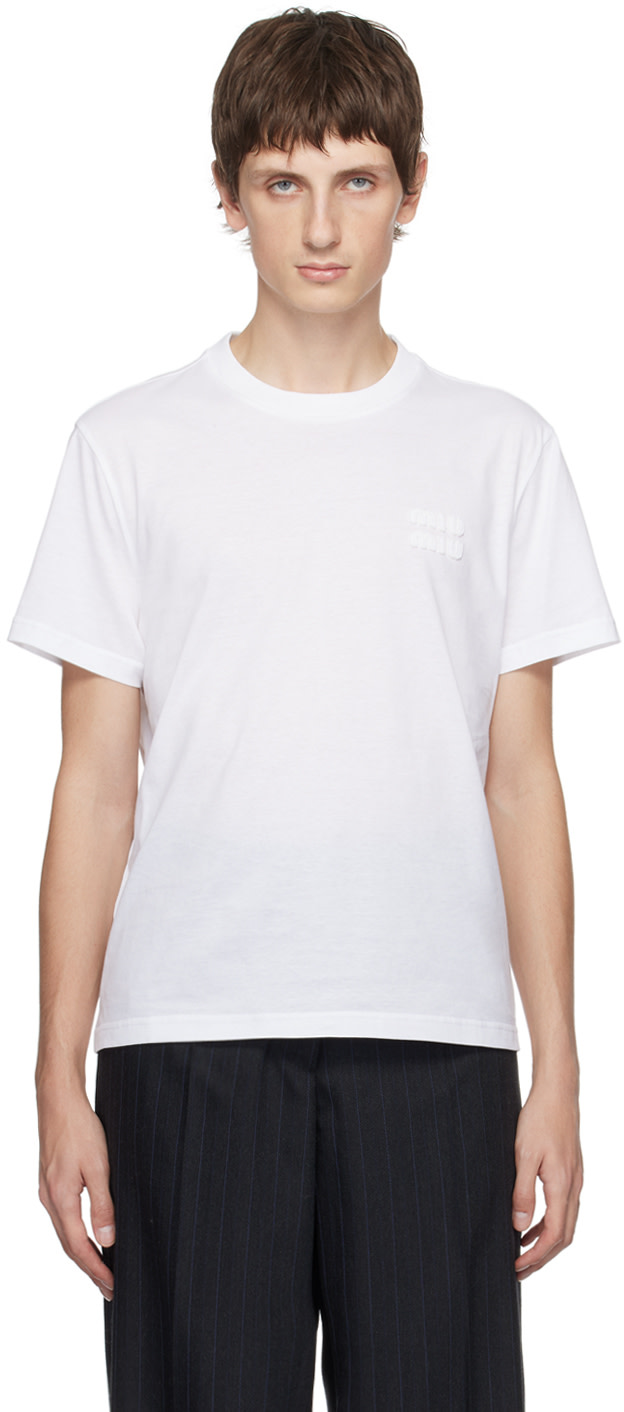 Miu Miu: White Embroidered T-SHirt | SSENSE Canada