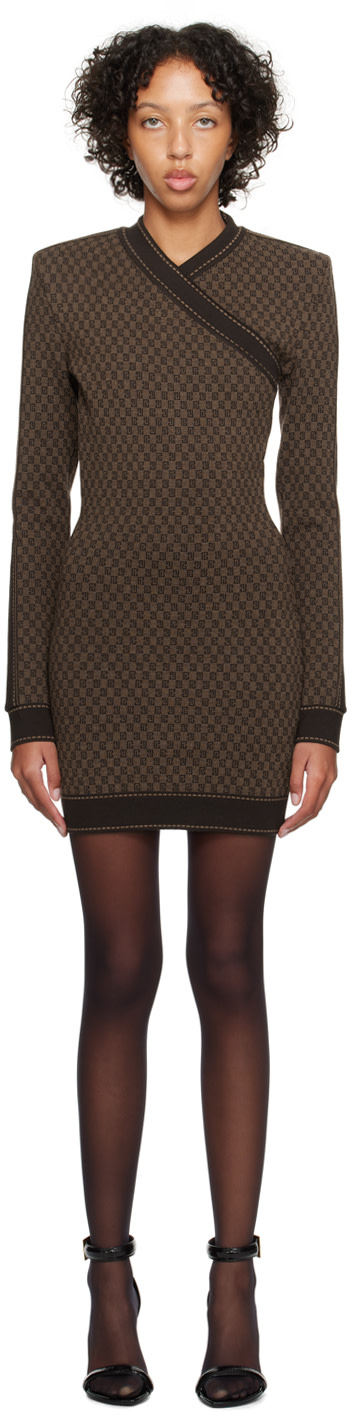 Balmain - Robe courte brune à monogrammes