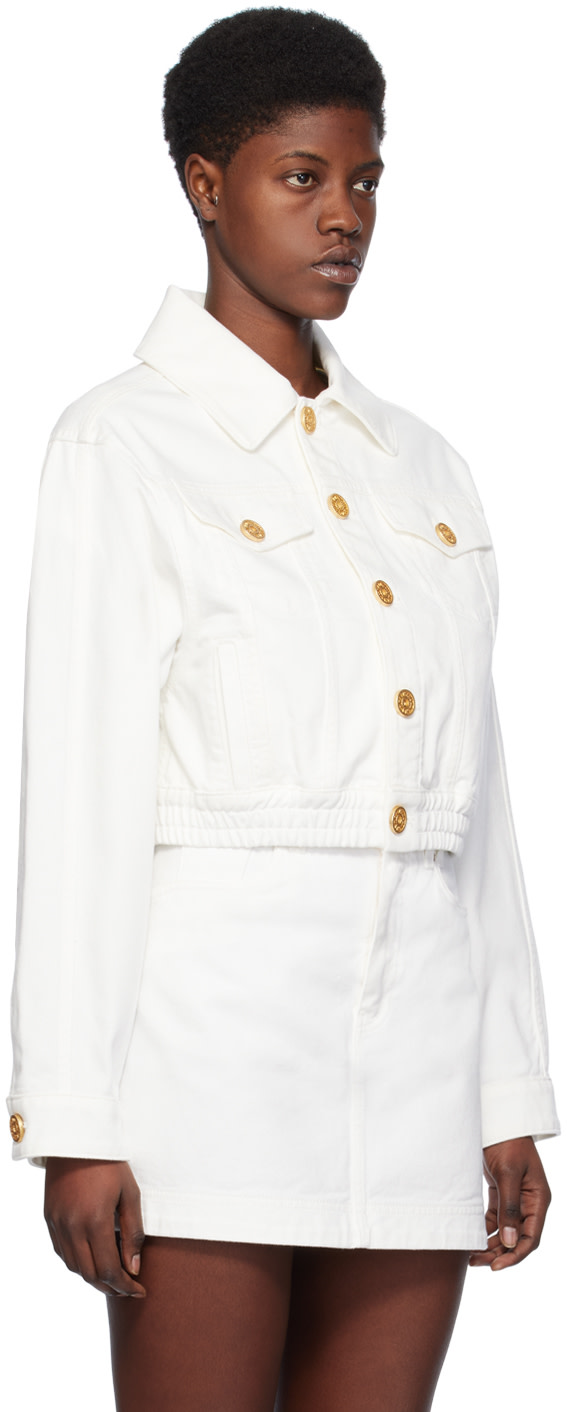 BALMAIN: White Cropped Denim Jacket | SSENSE
