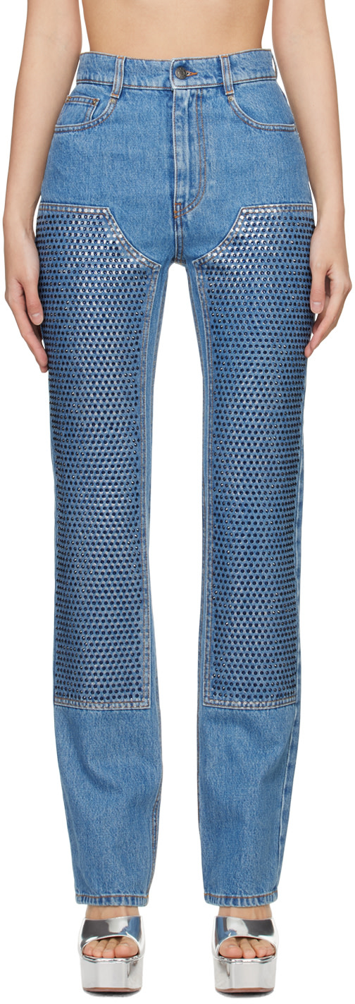 AREA - Jean indigo à ornements en verre taillé