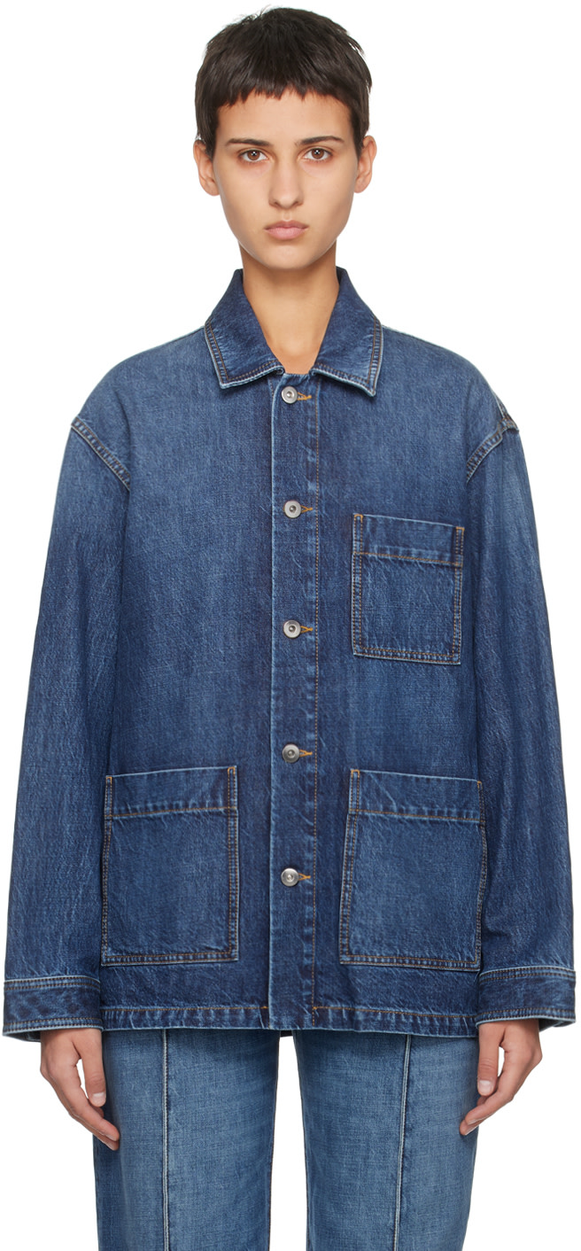 Bottega Veneta: Indigo Single-Breasted Denim Jacket | SSENSE