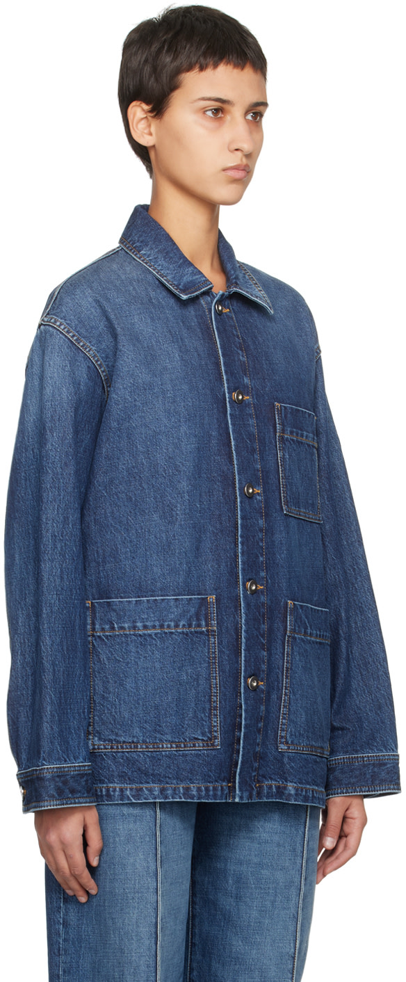 Bottega Veneta: Indigo Single-Breasted Denim Jacket | SSENSE