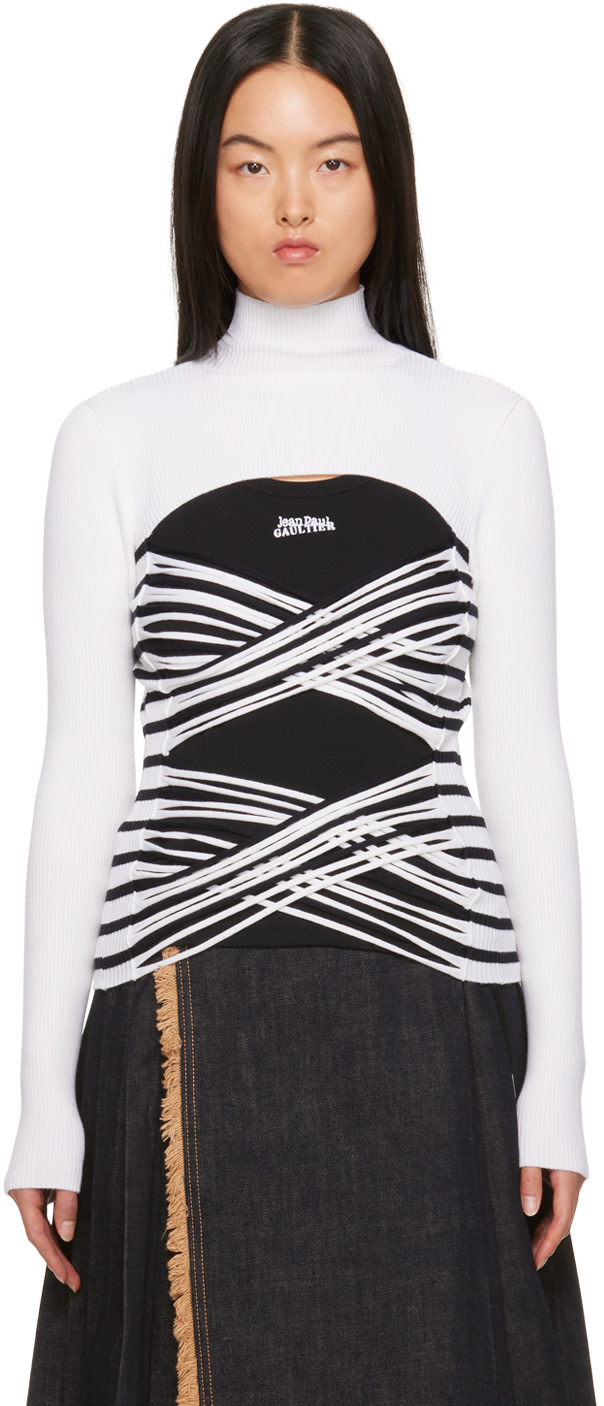 Jean Paul Gaultier Soleil ハイネック　パワーネット風 Jean Paul Gaultier: White & Navy Striped Turtleneck | SSENSE