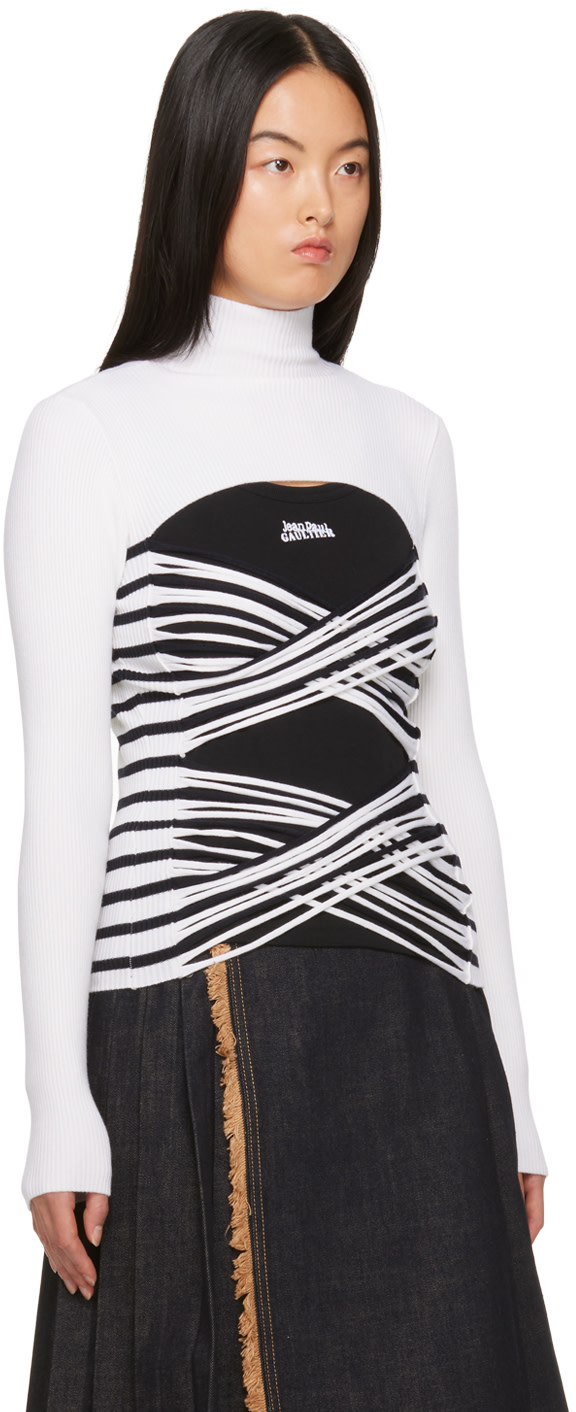 Jean Paul Gaultier: White & Navy Striped Turtleneck | SSENSE
