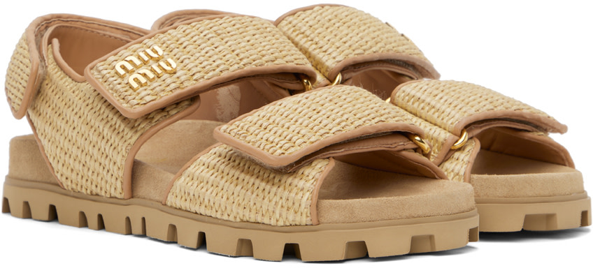 Miu Miu: Beige Raffia Sandals | SSENSE Canada