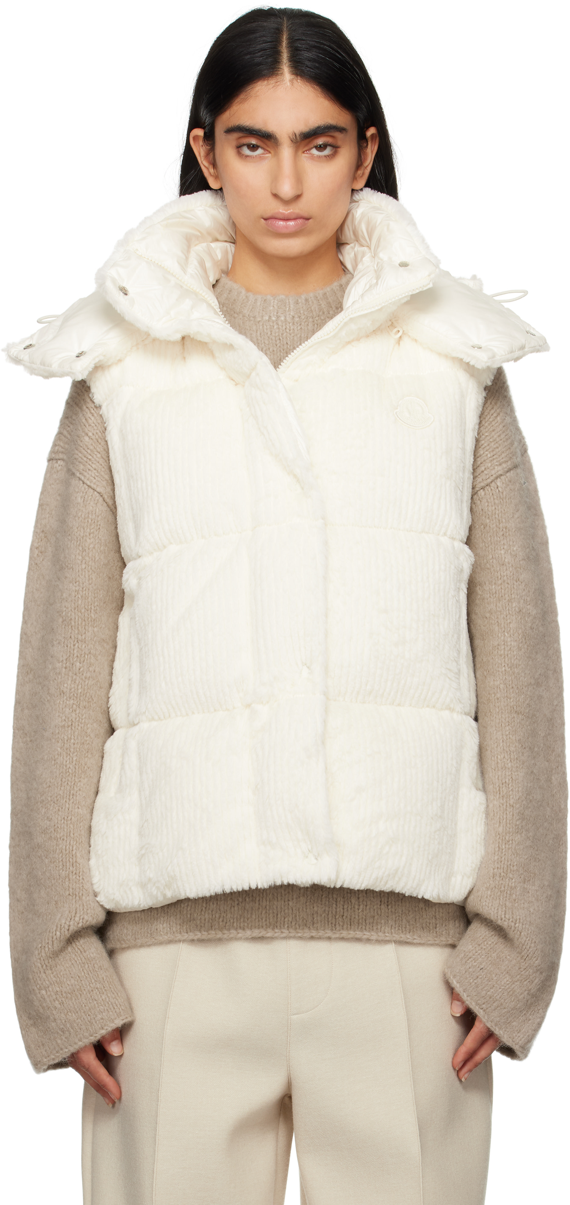 Moncler: Off-White Luzule Faux-Fur Down Vest | SSENSE