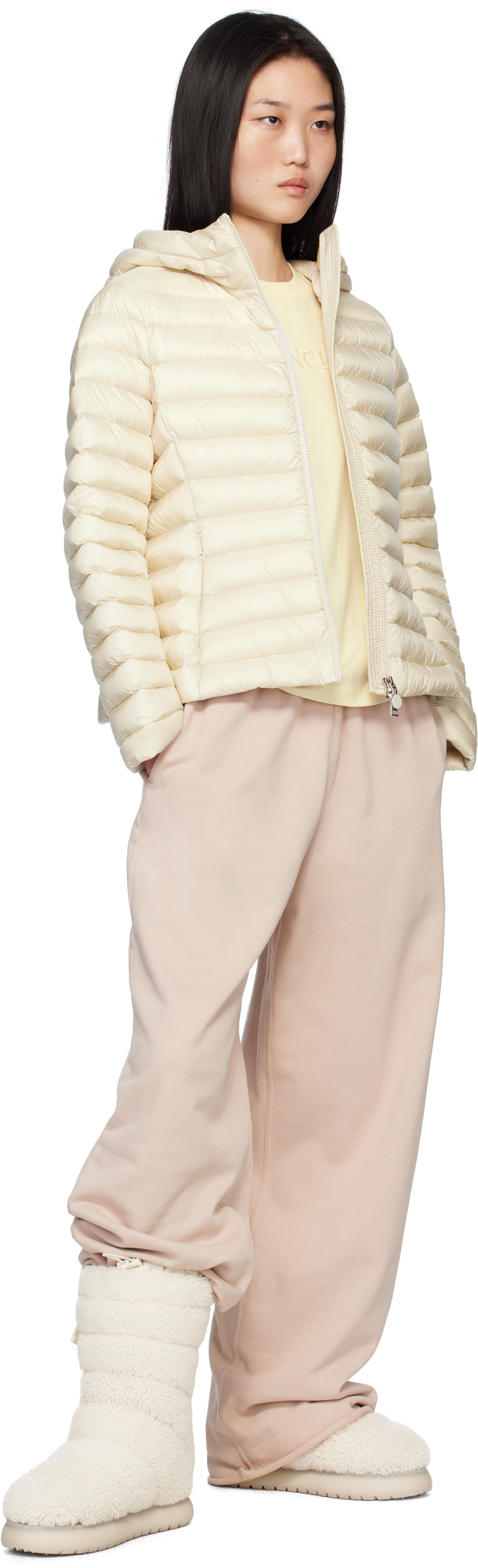 Moncler: White Gaia Pocket Mid Shearling Boots | SSENSE Canada