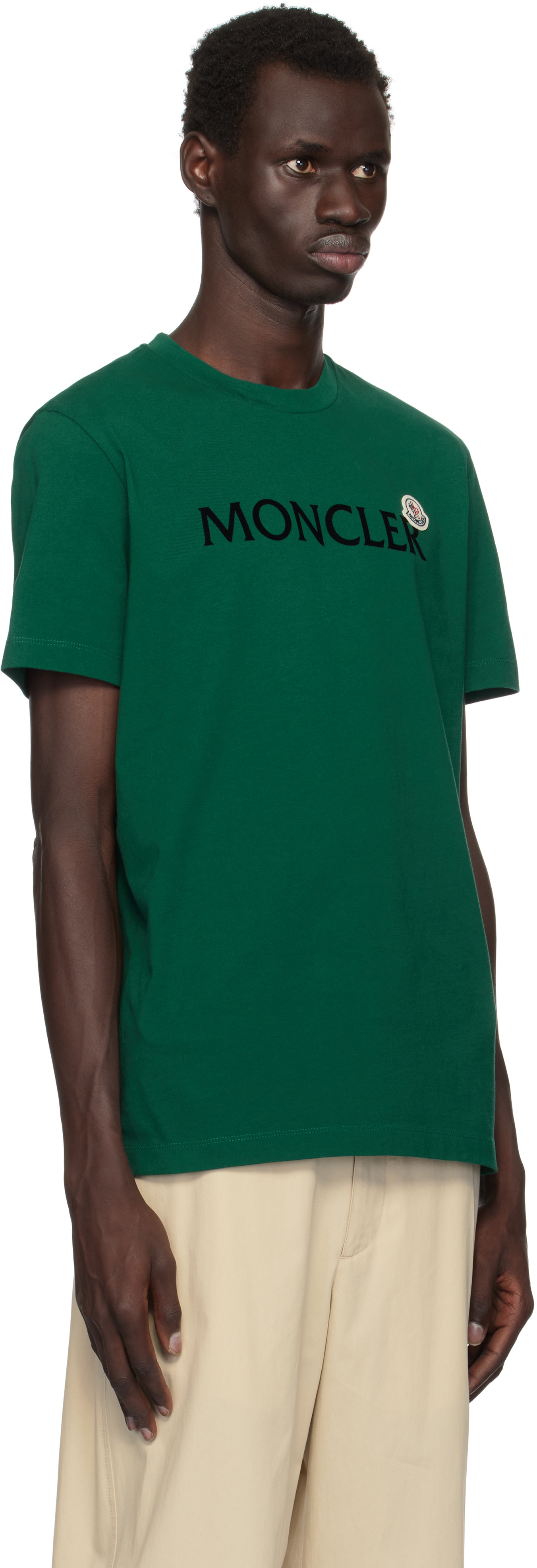 Moncler: Green Flocked Logo T-shirt | SSENSE