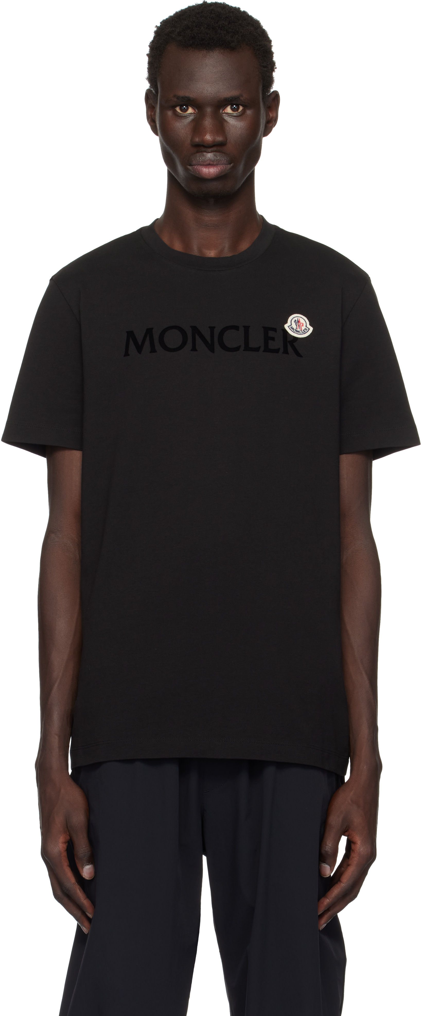 Moncler: Black Flocked Logo T-Shirt | SSENSE