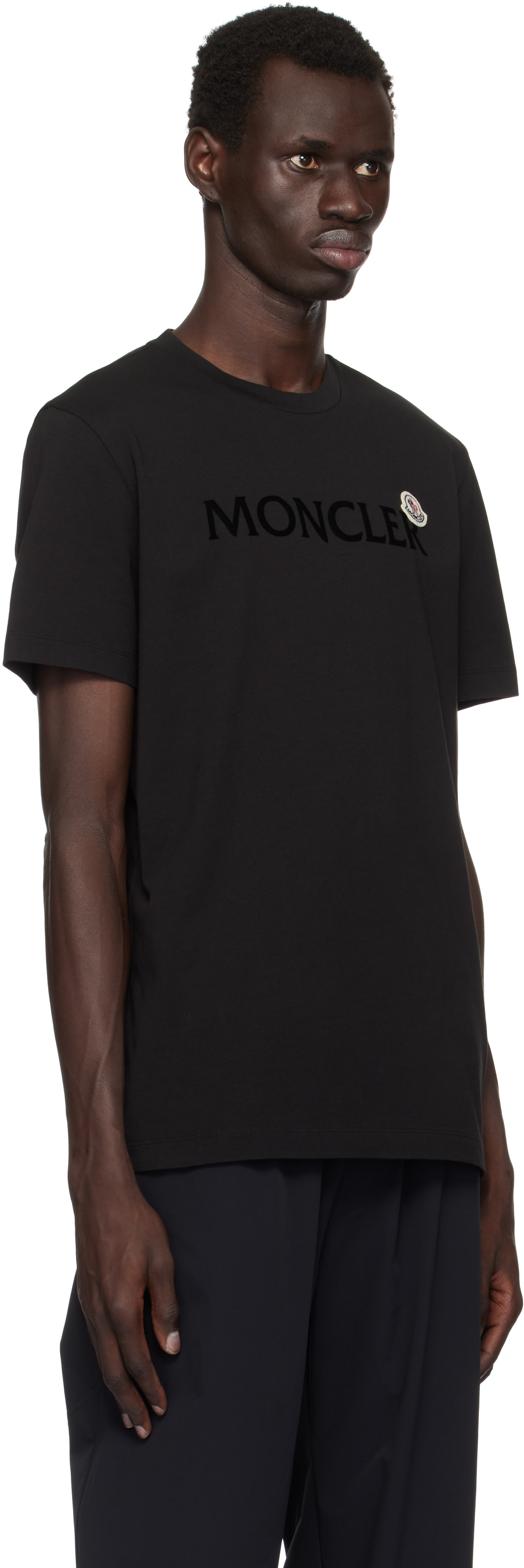 Moncler: Black Flocked Logo T-Shirt | SSENSE