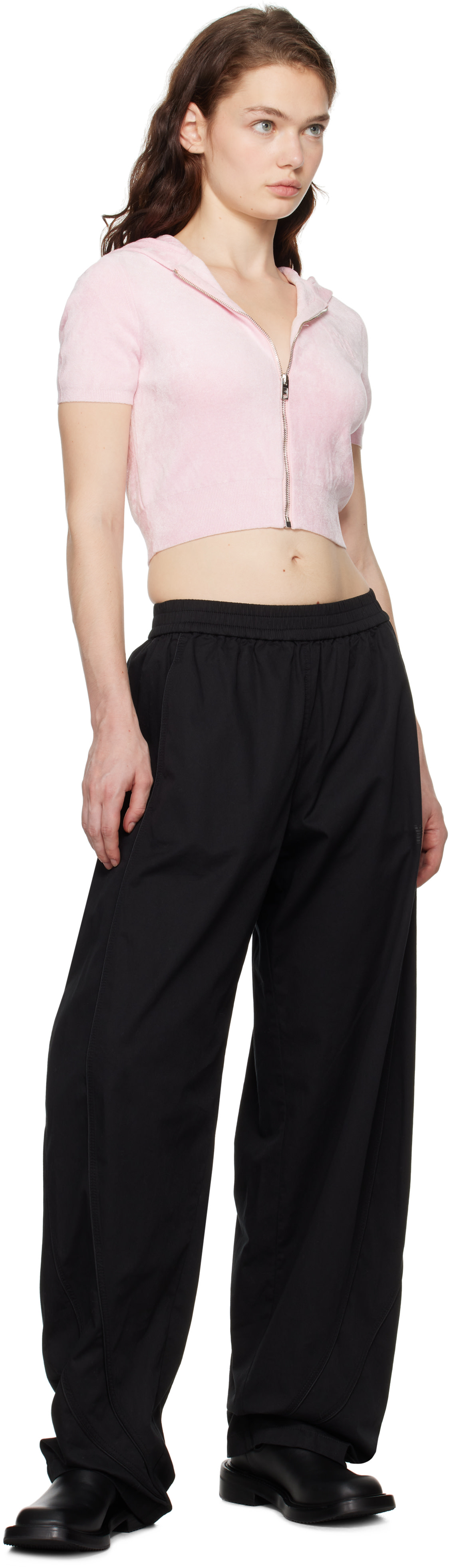 alexanderwang.t - Pull à capuche écourté rose à glissière