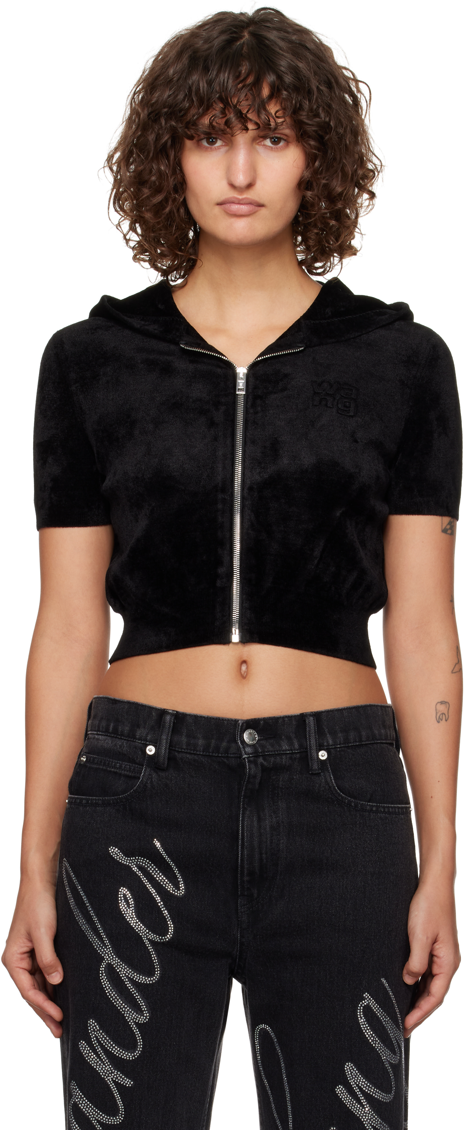 alexanderwang.t - Pull à capuche écourté noir à glissière