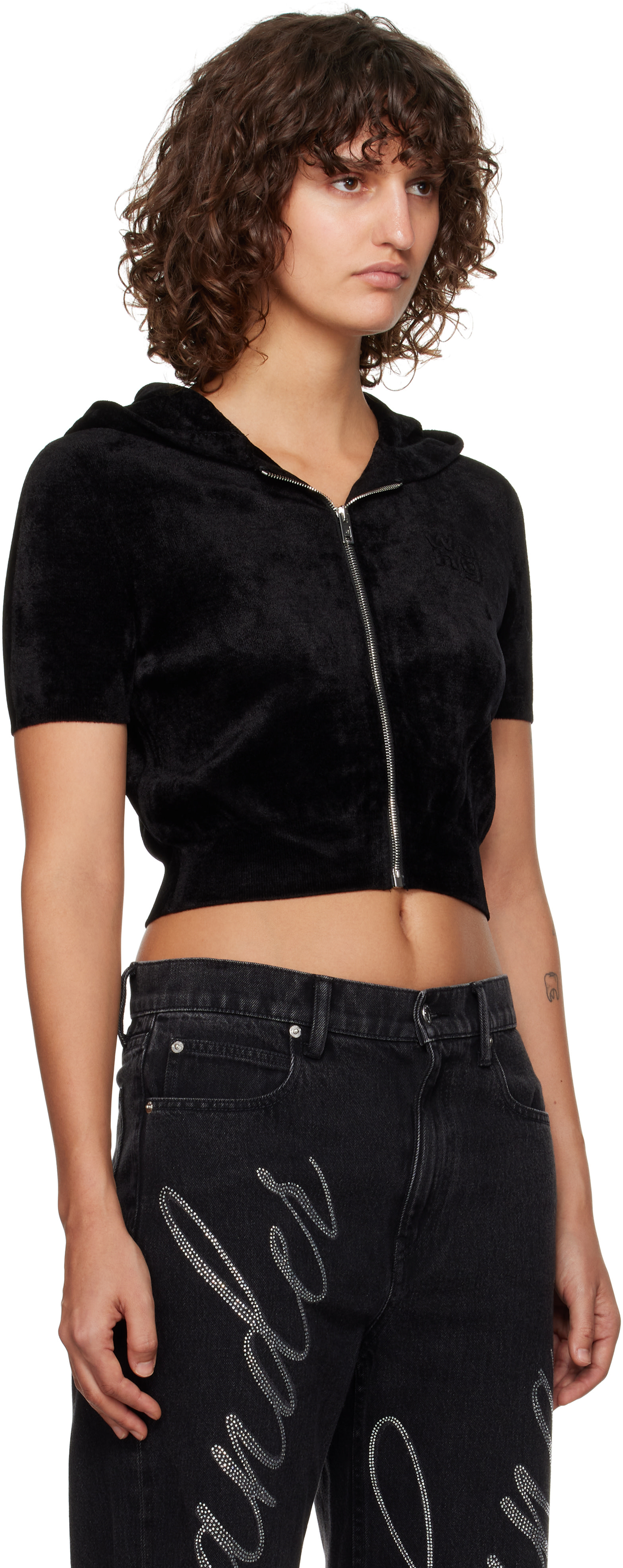 alexanderwang.t - Pull à capuche écourté noir à glissière