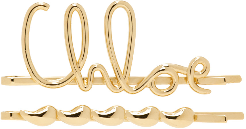 Chloé - Ensemble de barrettes dorées à logo