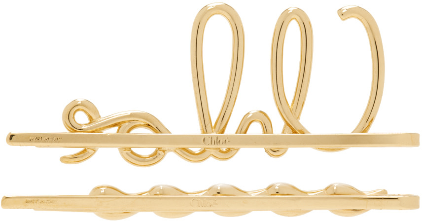 Chloé - Ensemble de barrettes dorées à logo