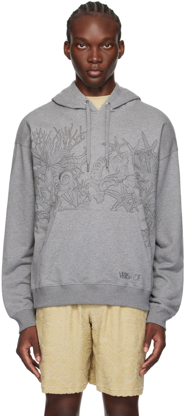 Versace - Pull à capuche gris à motif Barocco Sea