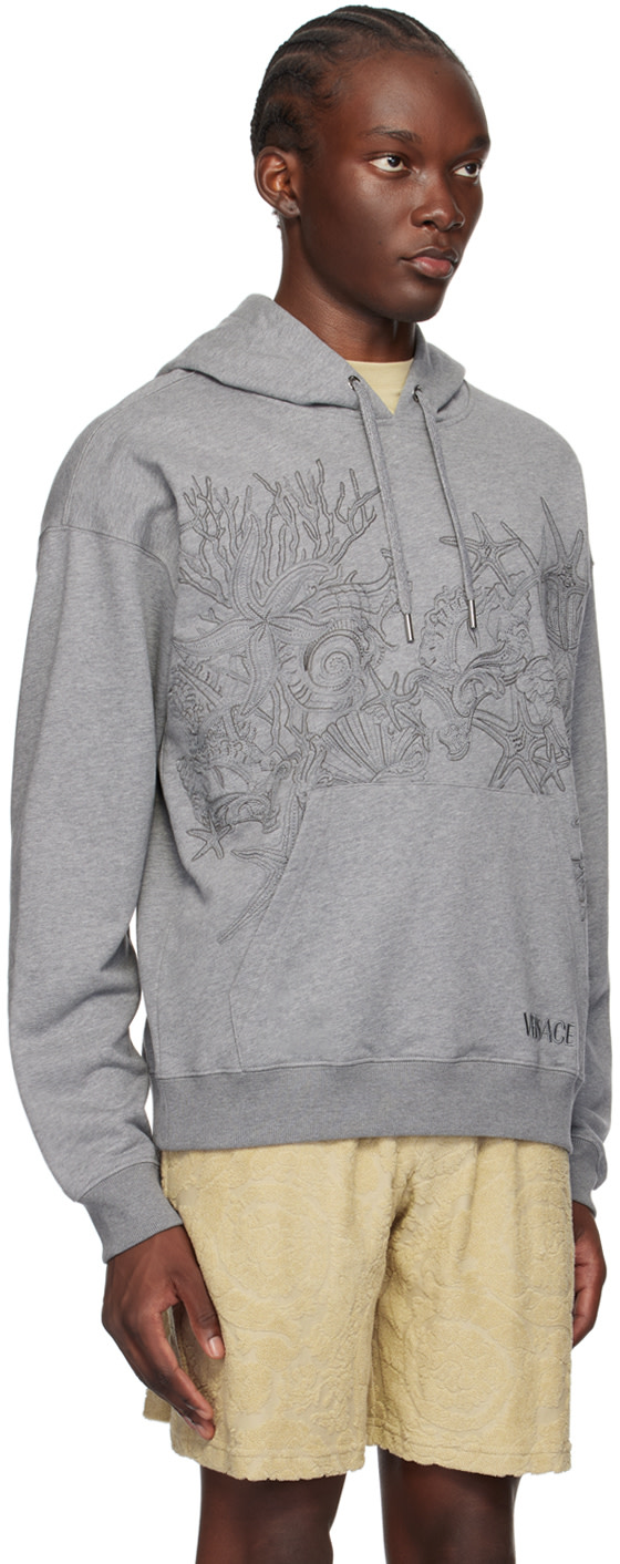 Versace - Pull à capuche gris à motif Barocco Sea