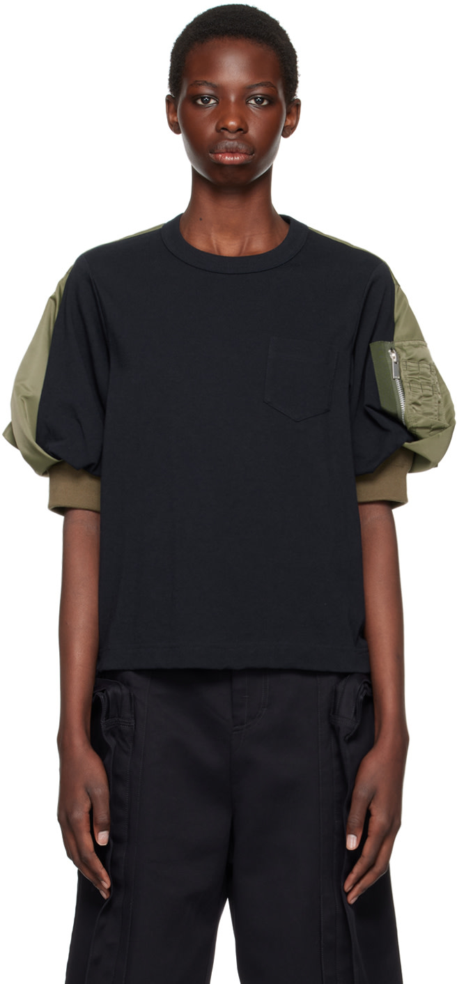 sacai レイヤードTシャツ sacai: Navy & Khaki Paneled T-Shirt | SSENSE